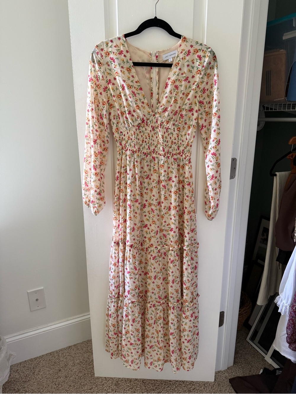 Floral Cream Maxi Dress with Pink Rose Print